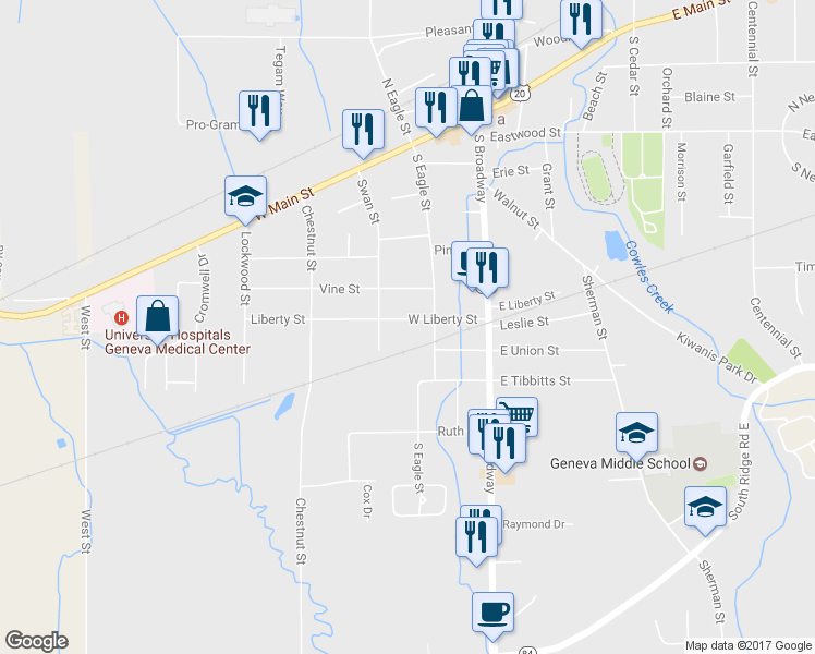 map of restaurants, bars, coffee shops, grocery stores, and more near 170 West Liberty Street in Geneva