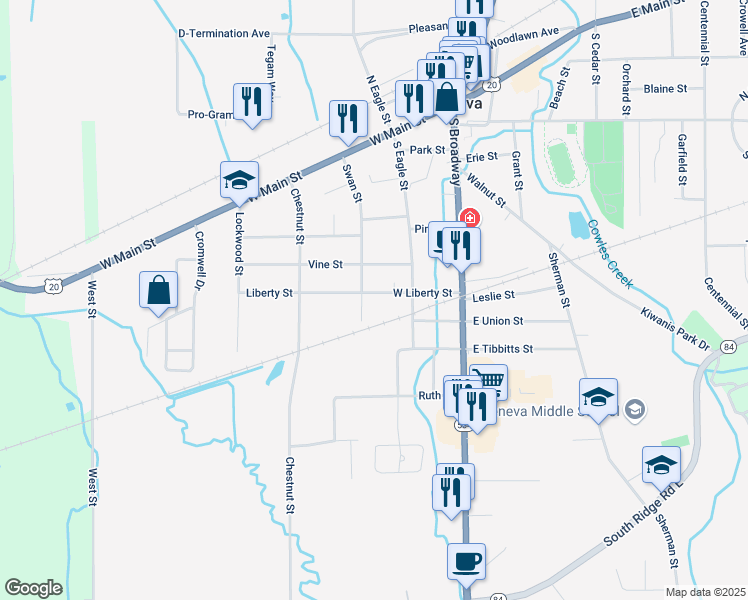 map of restaurants, bars, coffee shops, grocery stores, and more near 170 West Liberty Street in Geneva