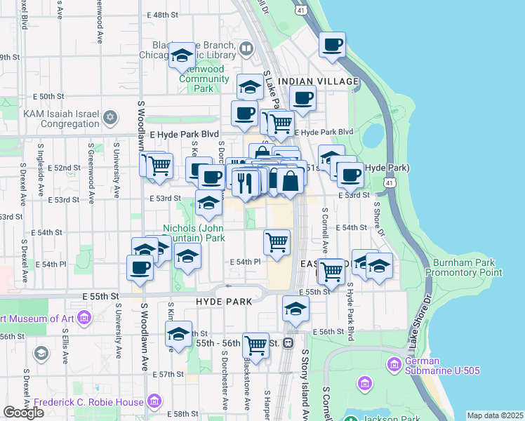 map of restaurants, bars, coffee shops, grocery stores, and more near 5316 South Harper Avenue in Chicago