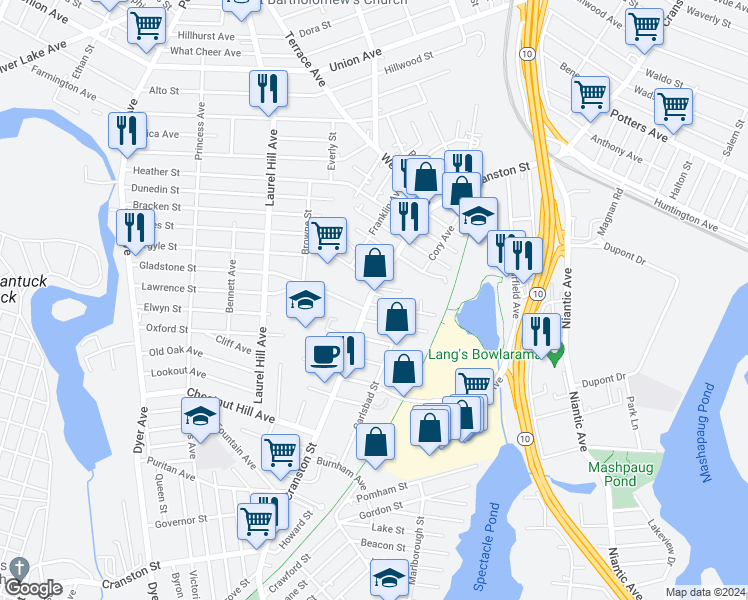 map of restaurants, bars, coffee shops, grocery stores, and more near 1018 Cranston Street in Cranston