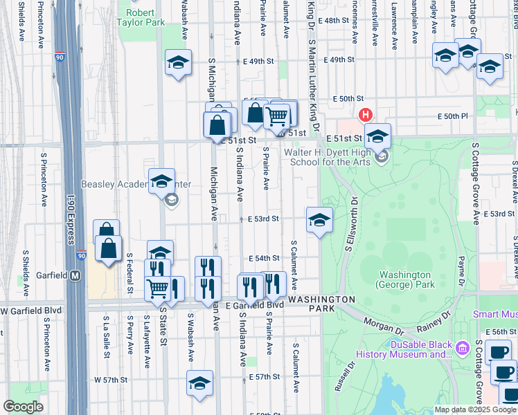 map of restaurants, bars, coffee shops, grocery stores, and more near 5240 South Prairie Avenue in Chicago