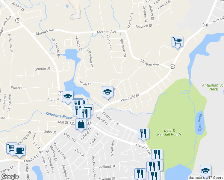 map of restaurants, bars, coffee shops, grocery stores, and more near 16 School Street in Johnston