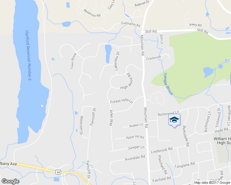 map of restaurants, bars, coffee shops, grocery stores, and more near 81 High Wood Road in West Hartford