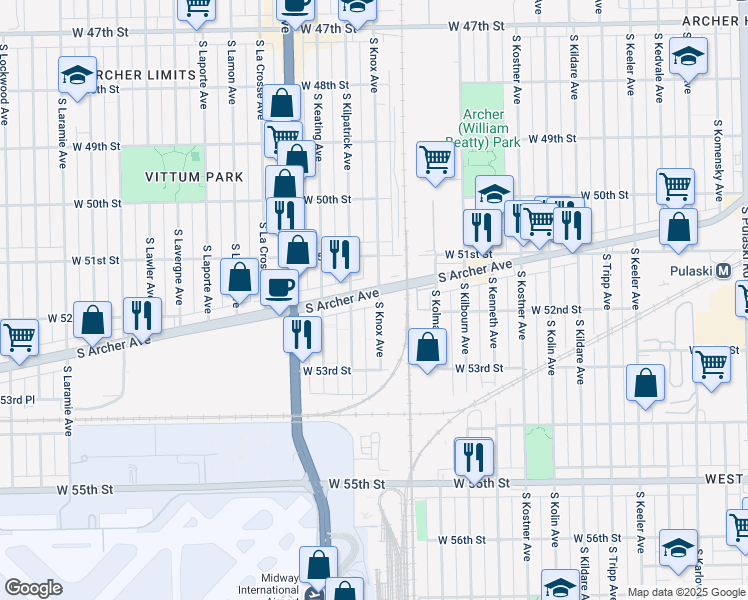 map of restaurants, bars, coffee shops, grocery stores, and more near 5301 South Archer Avenue in Chicago