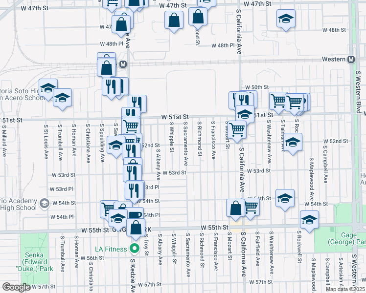 map of restaurants, bars, coffee shops, grocery stores, and more near 5200 South Sacramento Avenue in Chicago