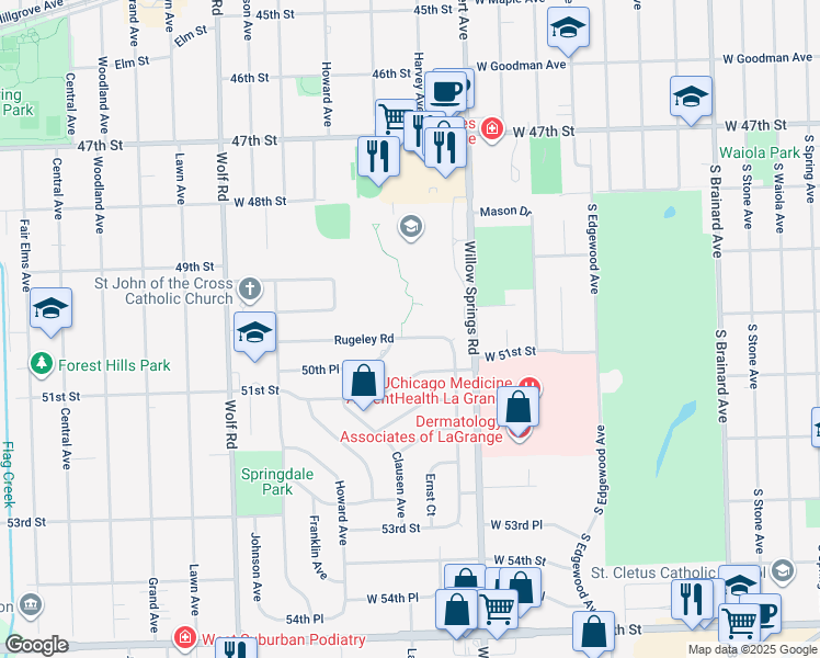 map of restaurants, bars, coffee shops, grocery stores, and more near 206 Rugeley Road in Western Springs