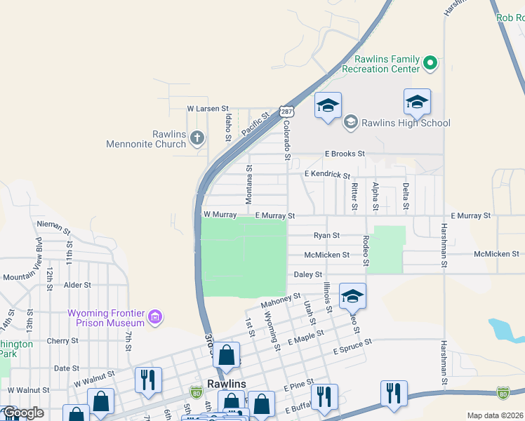 map of restaurants, bars, coffee shops, grocery stores, and more near 117 East Murray Street in Rawlins