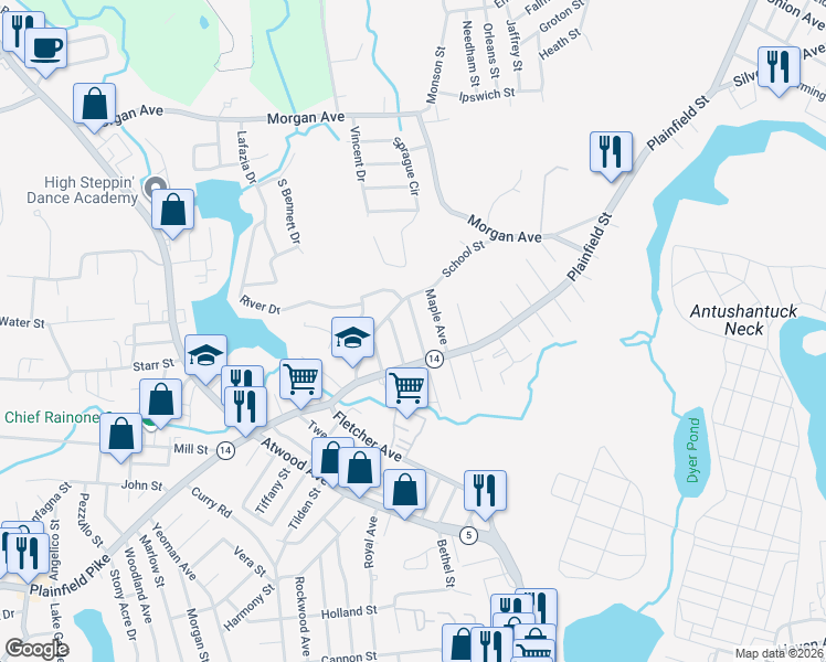 map of restaurants, bars, coffee shops, grocery stores, and more near 44 Pocasset St in Johnston