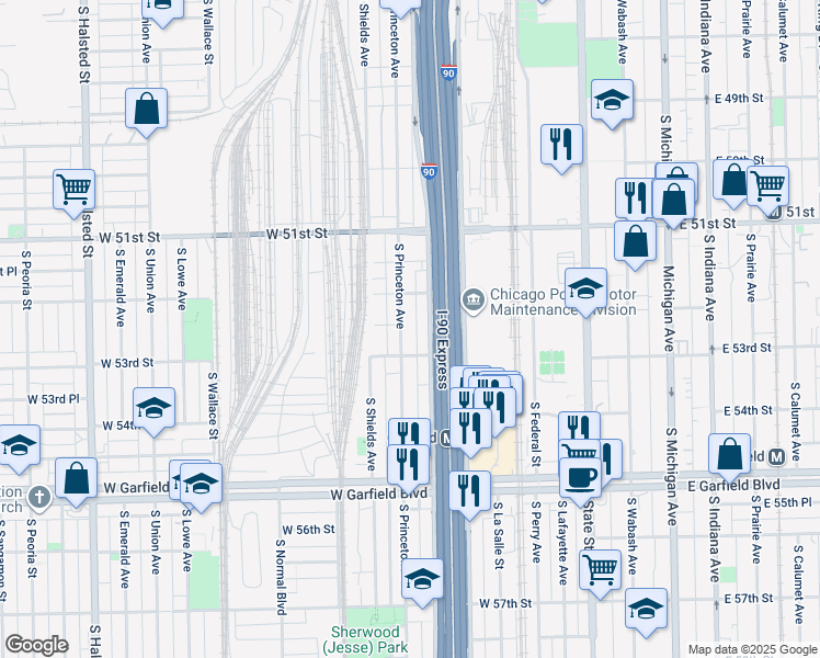 map of restaurants, bars, coffee shops, grocery stores, and more near 5235 South Princeton Avenue in Chicago