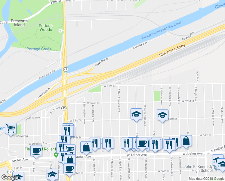 map of restaurants, bars, coffee shops, grocery stores, and more near 5115 South Newland Avenue in Chicago