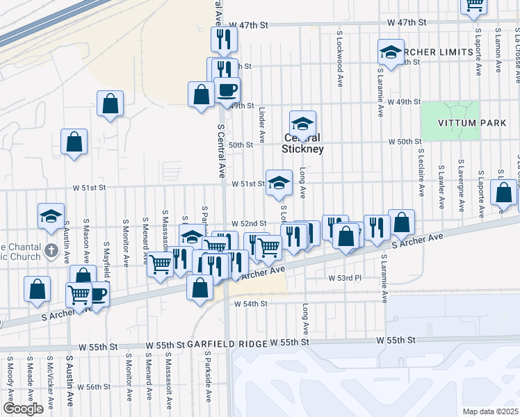 map of restaurants, bars, coffee shops, grocery stores, and more near 5138 South Linder Avenue in Chicago