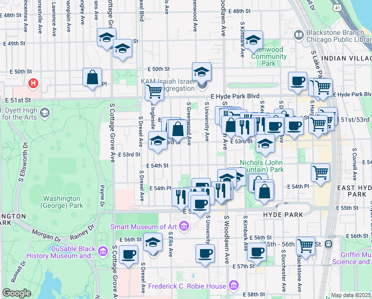 map of restaurants, bars, coffee shops, grocery stores, and more near 5312 South Greenwood Avenue in Chicago