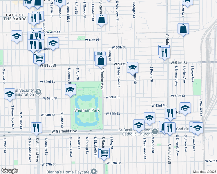 map of restaurants, bars, coffee shops, grocery stores, and more near 5220 South May Street in Chicago