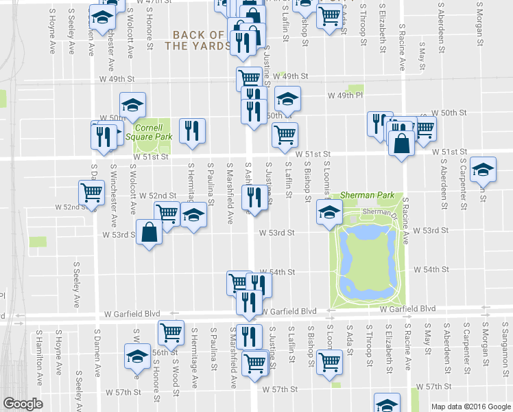 map of restaurants, bars, coffee shops, grocery stores, and more near 5213 South Ashland Avenue in Chicago