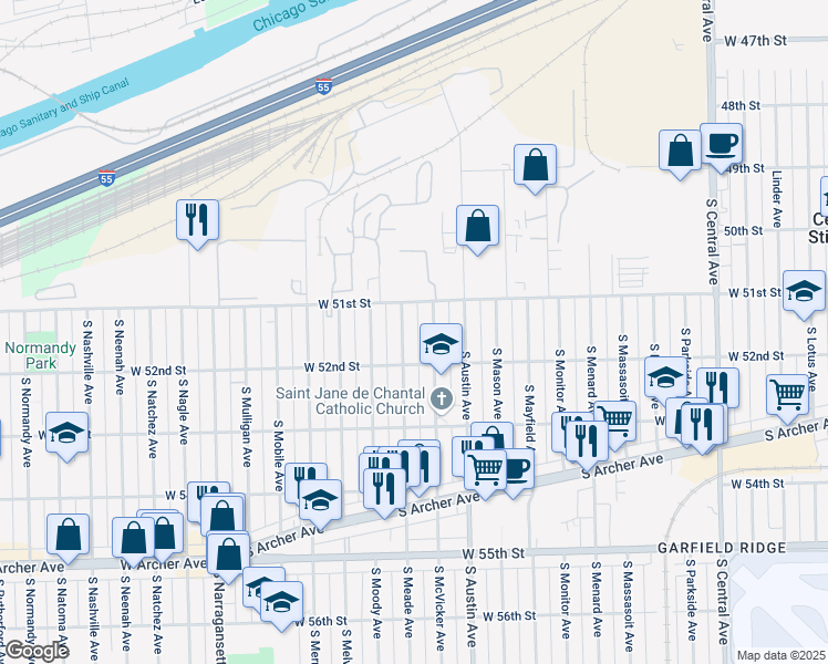 map of restaurants, bars, coffee shops, grocery stores, and more near 5125 South Meade Avenue in Chicago