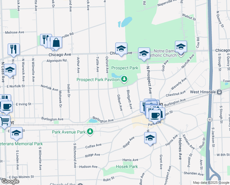 map of restaurants, bars, coffee shops, grocery stores, and more near 34 Gilbert Avenue in Clarendon Hills