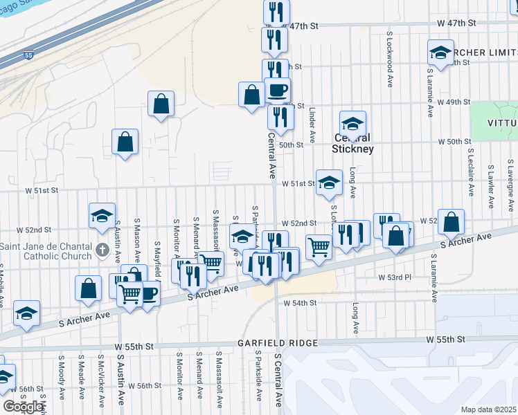 map of restaurants, bars, coffee shops, grocery stores, and more near 5135 South Parkside Avenue in Chicago