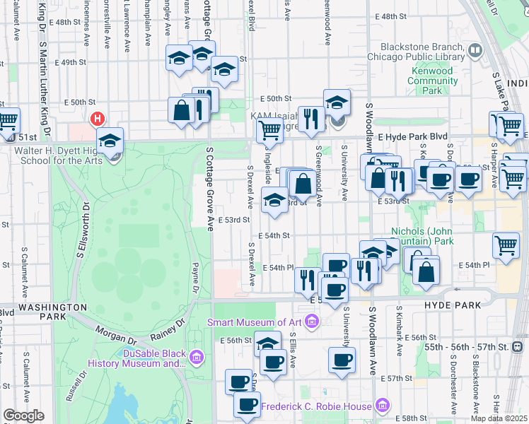 map of restaurants, bars, coffee shops, grocery stores, and more near 5310 South Ingleside Avenue in Chicago