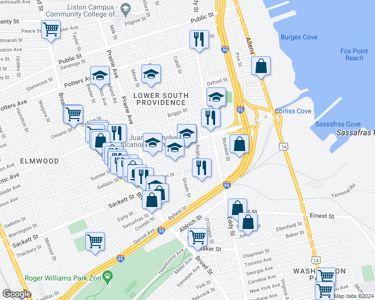 map of restaurants, bars, coffee shops, grocery stores, and more near 182 Thurbers Avenue in Providence