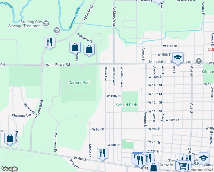 map of restaurants, bars, coffee shops, grocery stores, and more near 1404 Dillon Avenue in Sterling