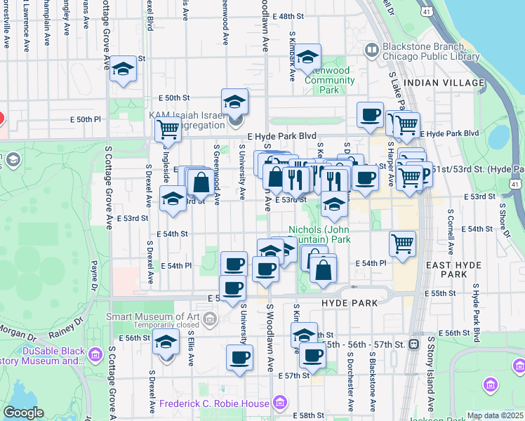 map of restaurants, bars, coffee shops, grocery stores, and more near 5312 South Woodlawn Avenue in Chicago