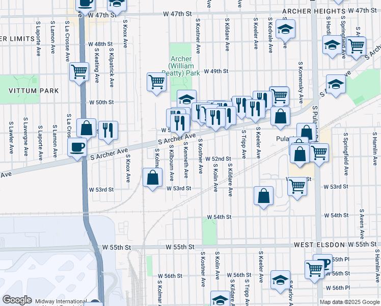 map of restaurants, bars, coffee shops, grocery stores, and more near 5150 South Kostner Avenue in Chicago
