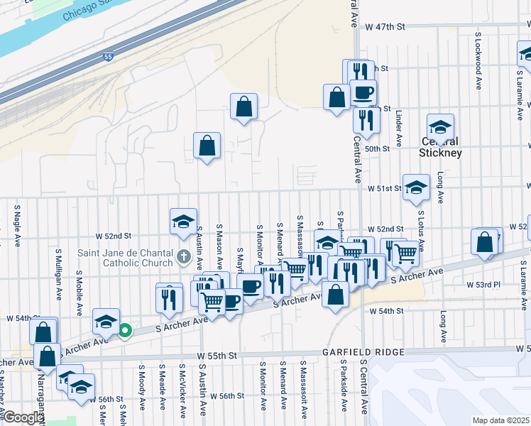 map of restaurants, bars, coffee shops, grocery stores, and more near 5131 South Monitor Avenue in Chicago
