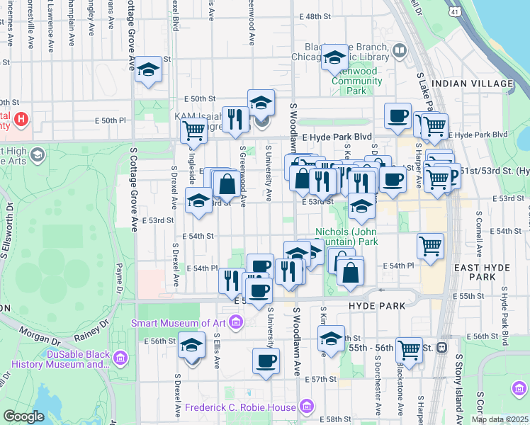 map of restaurants, bars, coffee shops, grocery stores, and more near 5310 South University Avenue in Chicago