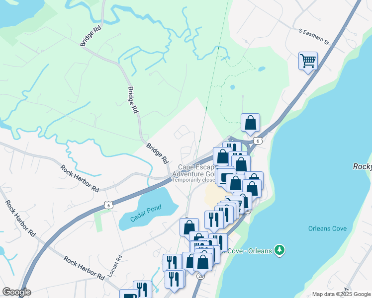 map of restaurants, bars, coffee shops, grocery stores, and more near 237 Rock Harbor Road in Orleans