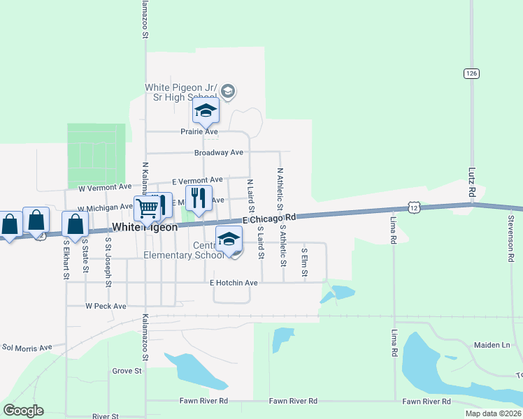 map of restaurants, bars, coffee shops, grocery stores, and more near 501 East Chicago Road in White Pigeon