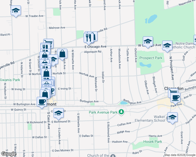 map of restaurants, bars, coffee shops, grocery stores, and more near 101 Mohawk Drive in Clarendon Hills