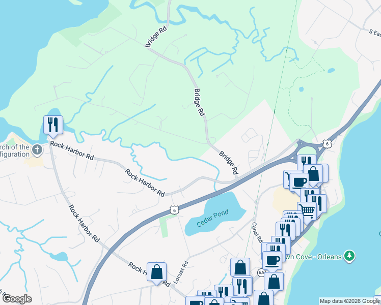 map of restaurants, bars, coffee shops, grocery stores, and more near 21 Dyer Prince Road in Eastham