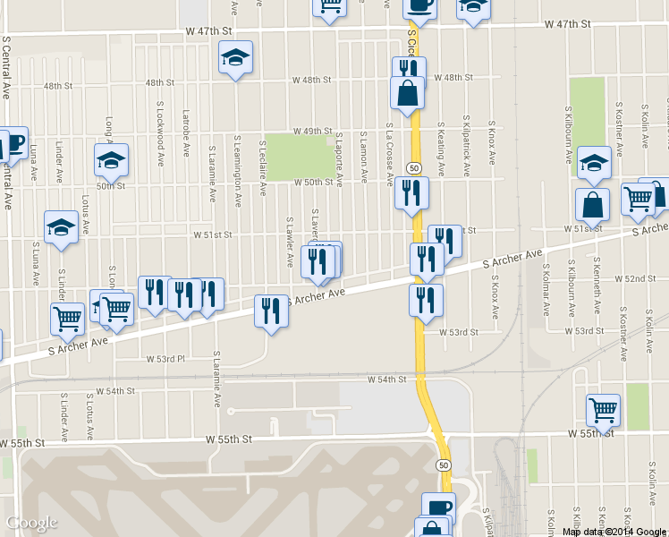 map of restaurants, bars, coffee shops, grocery stores, and more near 5142 South Laporte Avenue in Chicago