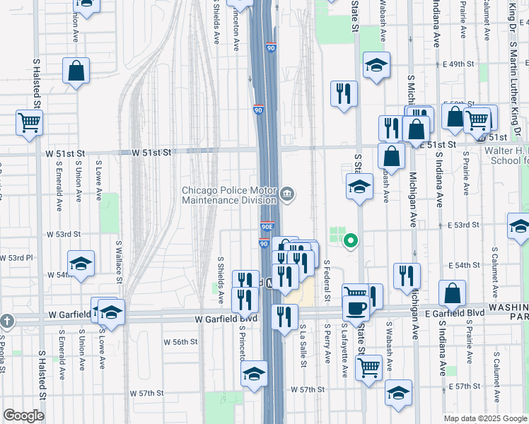 map of restaurants, bars, coffee shops, grocery stores, and more near 5235 South Wells Street in Chicago