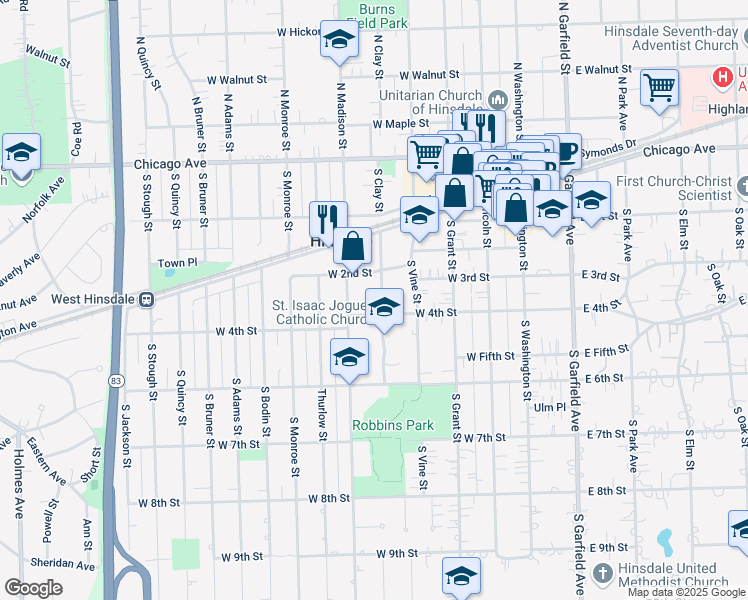 map of restaurants, bars, coffee shops, grocery stores, and more near 224 South Clay Street in Hinsdale
