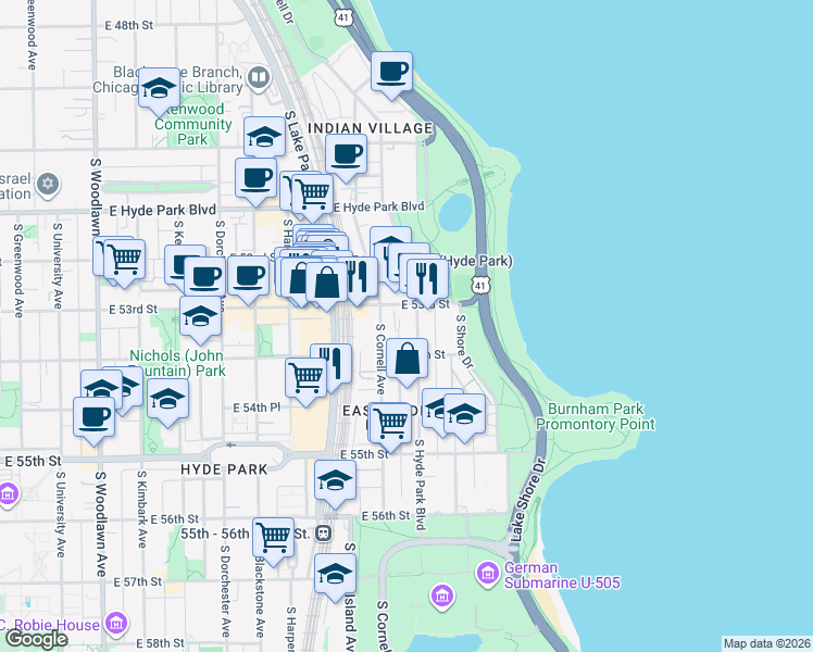 map of restaurants, bars, coffee shops, grocery stores, and more near 5312 South Hyde Park Boulevard in Chicago