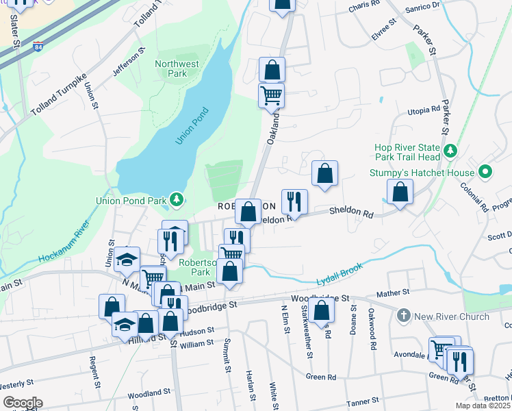 map of restaurants, bars, coffee shops, grocery stores, and more near 163 Oakland Street in Manchester