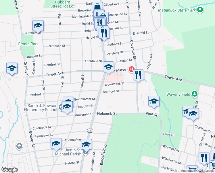 map of restaurants, bars, coffee shops, grocery stores, and more near 95 Woodstock Street in Hartford