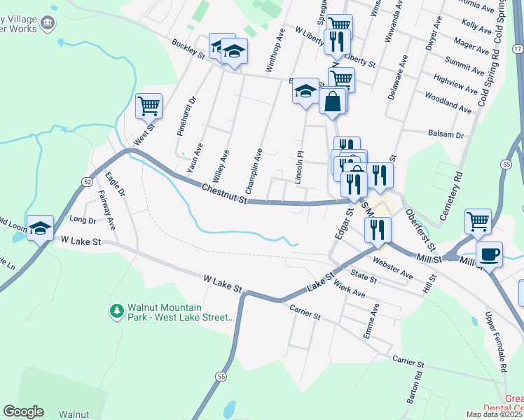map of restaurants, bars, coffee shops, grocery stores, and more near 138 Chestnut Street in Liberty