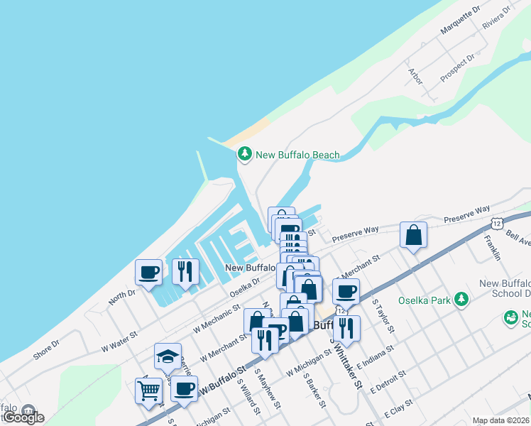 map of restaurants, bars, coffee shops, grocery stores, and more near 501 North Whittaker Street in New Buffalo
