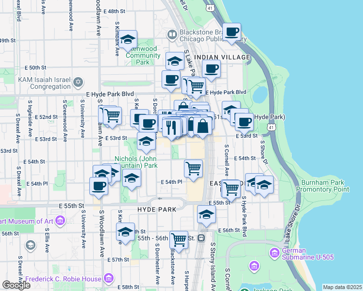 map of restaurants, bars, coffee shops, grocery stores, and more near 5316 South Harper Avenue in Chicago