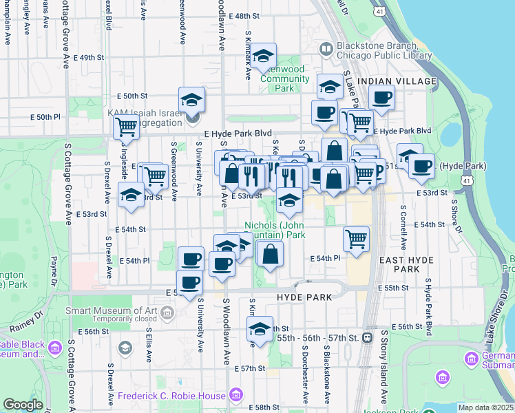 map of restaurants, bars, coffee shops, grocery stores, and more near 1346 East 53rd Street in Chicago