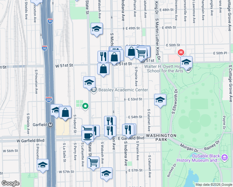 map of restaurants, bars, coffee shops, grocery stores, and more near 5234 South Michigan Avenue in Chicago