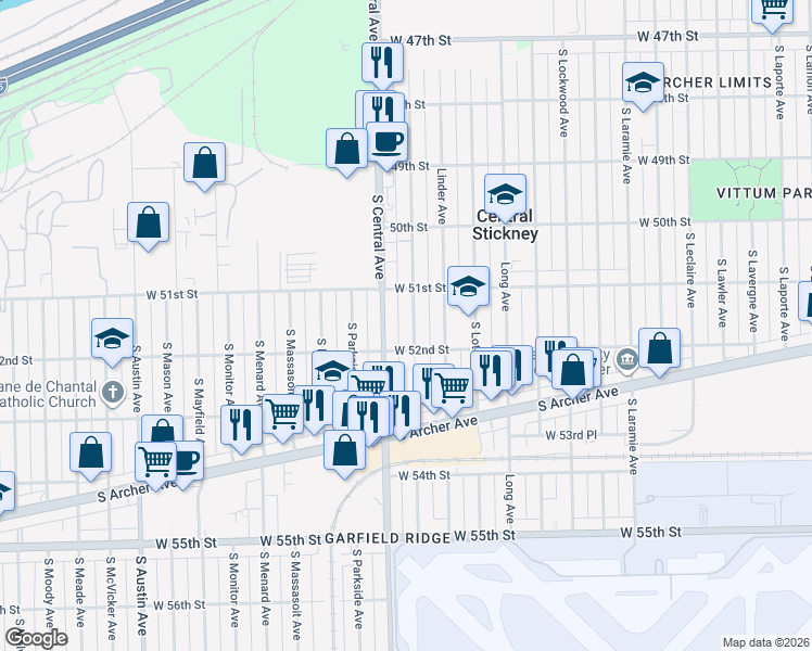 map of restaurants, bars, coffee shops, grocery stores, and more near 5133 South Central Avenue in Chicago