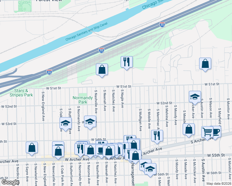map of restaurants, bars, coffee shops, grocery stores, and more near 5116 South Natchez Avenue in Chicago