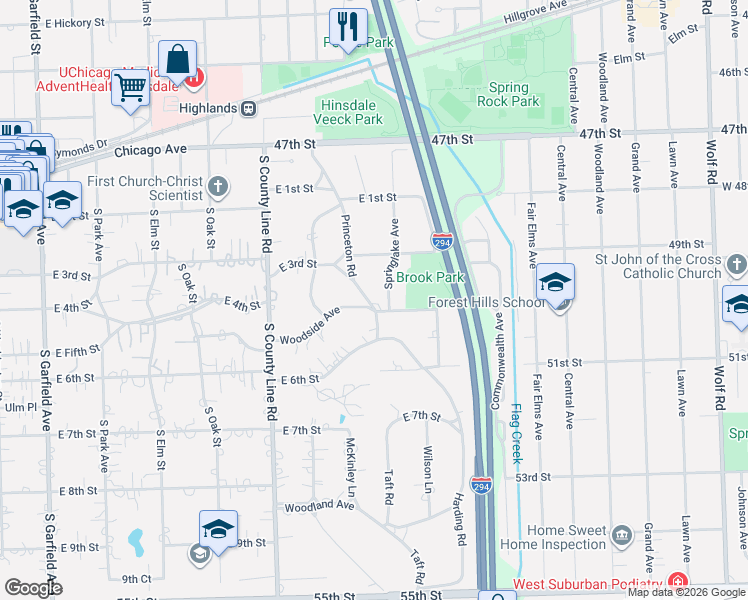 map of restaurants, bars, coffee shops, grocery stores, and more near 629 Woodside Avenue in Hinsdale