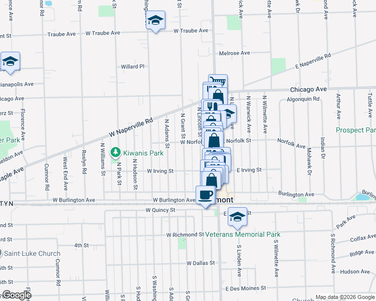 map of restaurants, bars, coffee shops, grocery stores, and more near 133 North Grant Street in Westmont