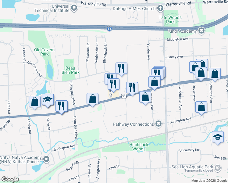 map of restaurants, bars, coffee shops, grocery stores, and more near 4671 Old Tavern Road in Lisle