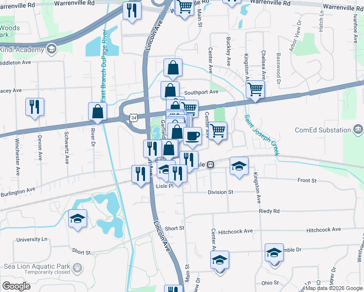 map of restaurants, bars, coffee shops, grocery stores, and more near 4755 Main Street in Lisle