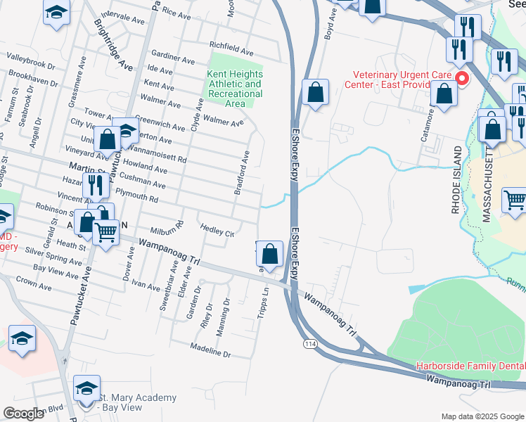 map of restaurants, bars, coffee shops, grocery stores, and more near 250 Boyd Avenue in East Providence
